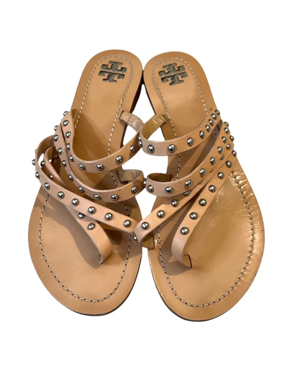 TORY BURCH Patos Studded Thong Sandal - Nude Tan Leather - Silver Studs - Size 7